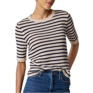 J. Crew Factory Navy and Cream Striped Crochet Scoop Neck Sweater
